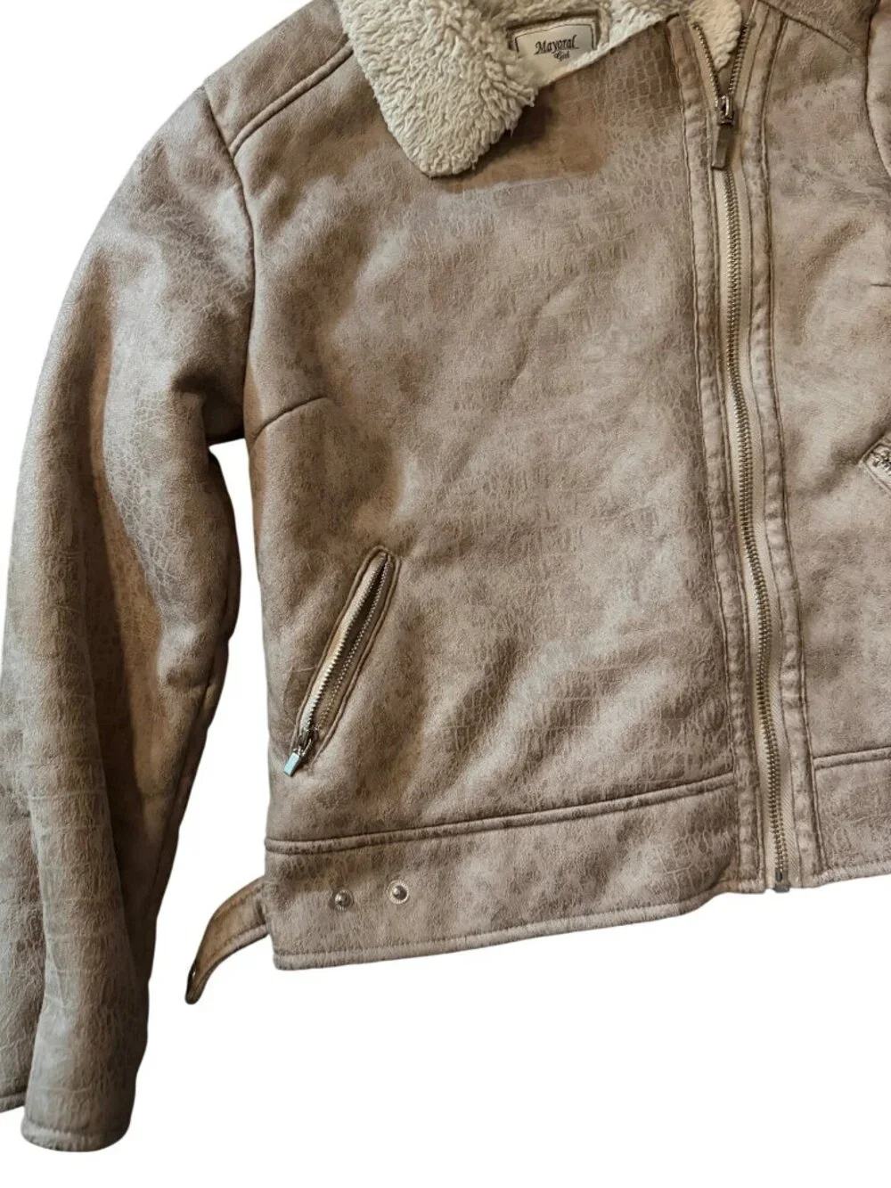 Mayoral Girls Faux Shearling Jacket Beige Zip-Up Winter Coat Size 14